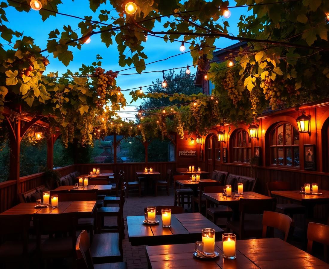Weinumrankter Biergarten am Abend