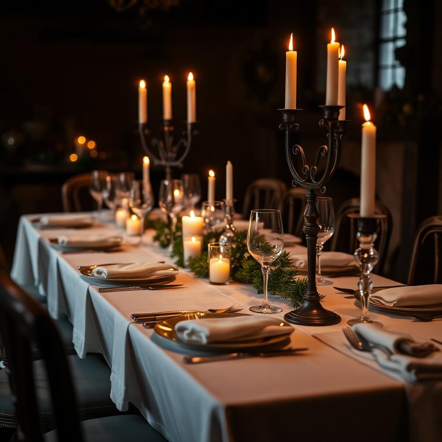 Festlich gedeckte Tafel bei Kerzenlicht